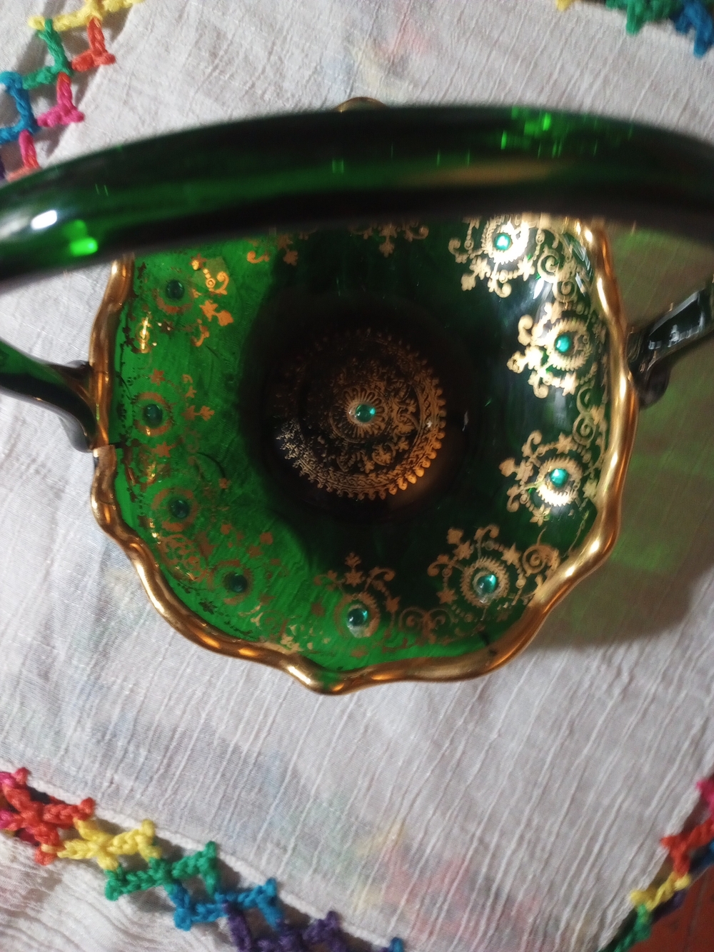 Murano Vintage 1970 Emerald Green Oval Basket With Jewels